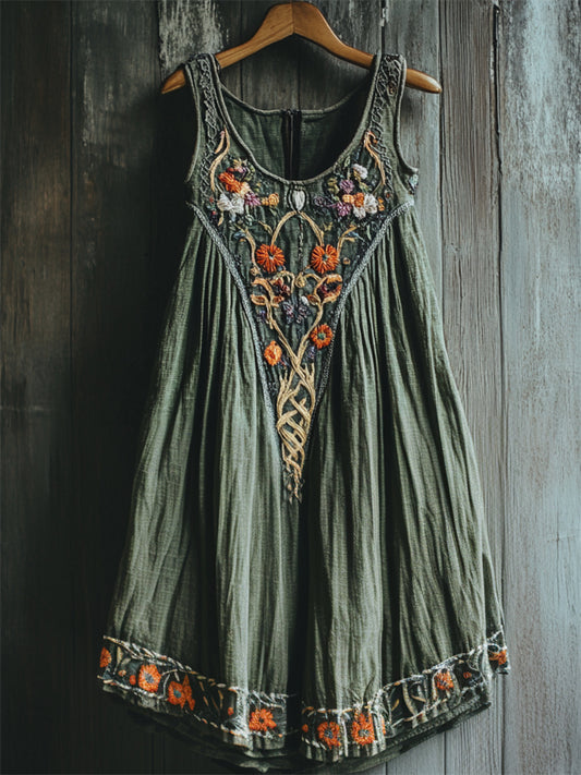 Vintage Cottage Floral Embroidered Linen Tank Dress artswardrobe
