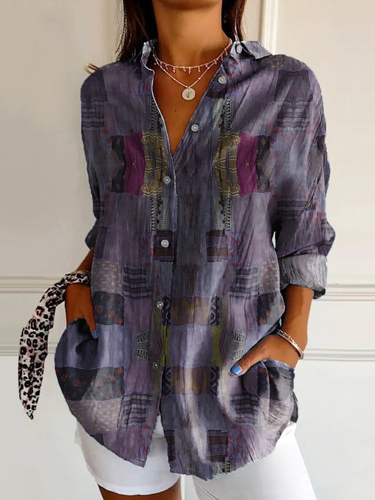 Women's Retro Ethnic Patchwork Art Print Casual Cotton Shirt