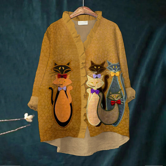 Elegant Cat Embroidery Women's Ruffle Neck Trim Linen Shirt elevenforest