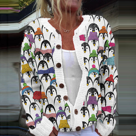 Vintage Iceland Penguin Embroidery Print Women's Knitted Sweater elevenforest