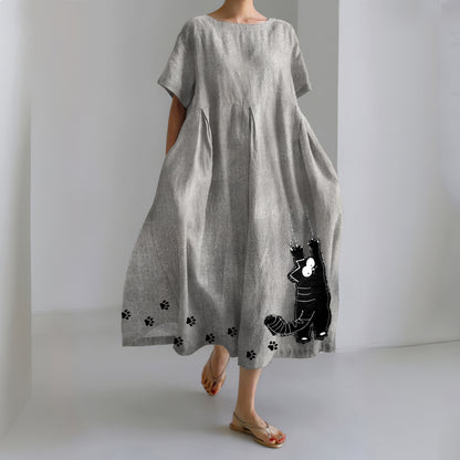 Stretching Cat & Paw Prints Embroidered Linen Blend Maxi Dress elevenforest