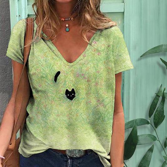 Women'S Black Cat Print V-Neck T-Shirt elevenforest