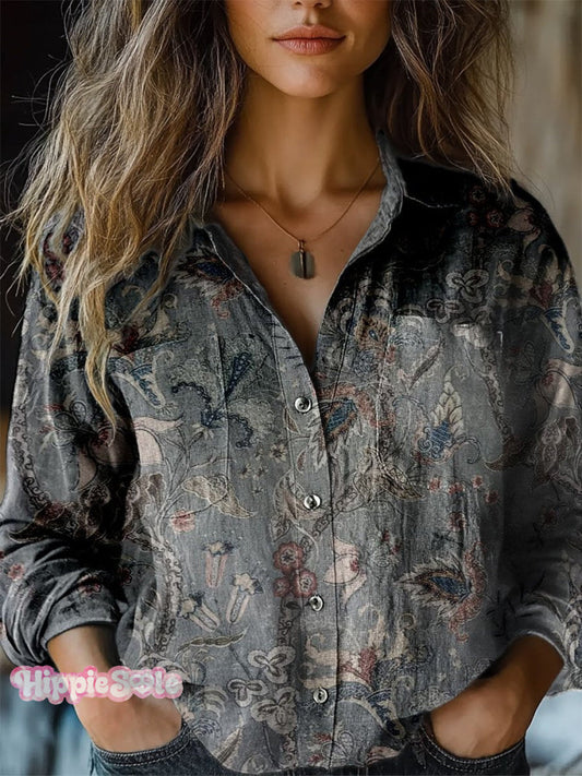 Women's Retro Floral Pattern Print Casual Long Sleeve Comfortable Cott