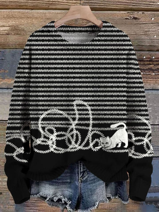 Japanese Art Cute Cat Print Knit Pullover Sweater elevenforest