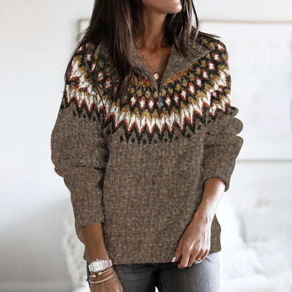 Retro Wave Contrast Pattern Zip-Up Sweater elevenforest