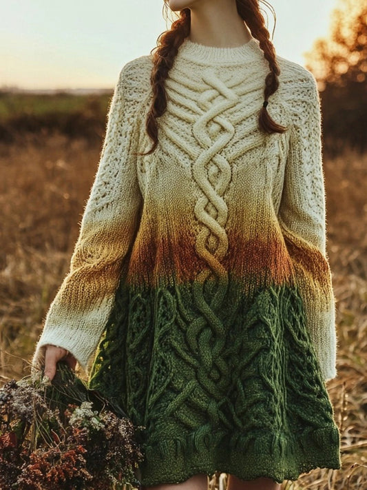 Irish Gradient Celtic Knot Cozy Knit Flare Sweater Dress elevenforest