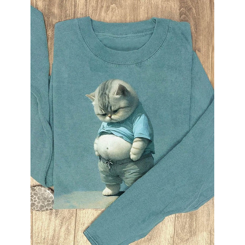 Cute Puppy Funny Fat Cat Casual Print Longsleeves T-Shirt elevenforest