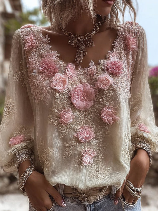 Comstylish Bohemian Heavy-duty Embroidery Vintage Casual Round-neck Top