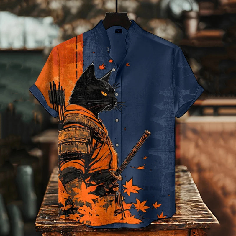 Men's Black Cat Warrior And Maple Leaf Temple Print Casual Shirt elevenforest