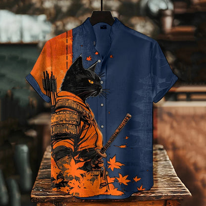 Men's Black Cat Warrior And Maple Leaf Temple Print Casual Shirt elevenforest