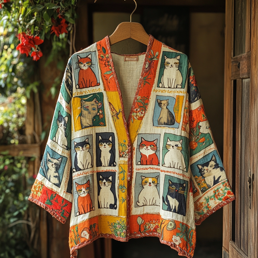 Women's Pop Art Cat V-neck Cotton Line Kimono elevenforest