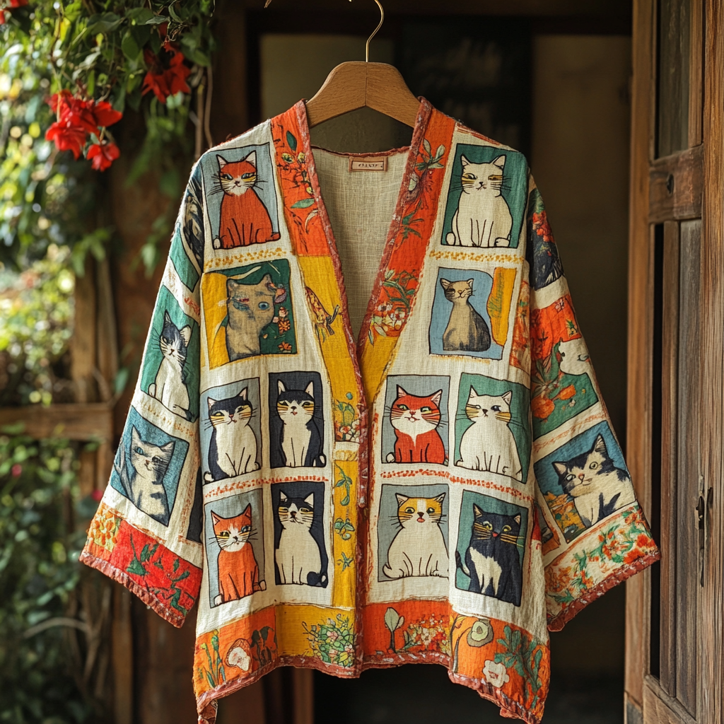 Comstylish Women's Pop Art Cat V-neck Cotton Line Kimono