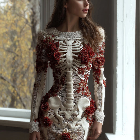 Women's Halloween Skeleton Flower Embroidered Lace Long Sleeve Dress artswardrobe