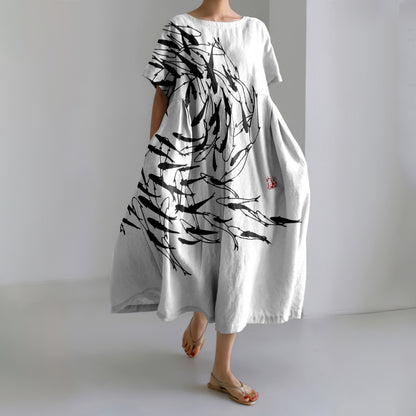Comstylish Japanese Art Vintage Sea World Flock Of Fish Print Casual Art Linen Blend Maxi Dress