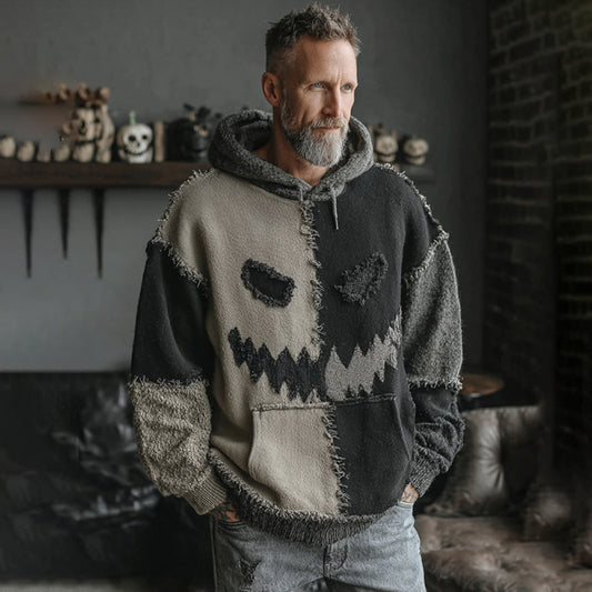 Men's Halloween Spooky Face Colorblock Stitched Hooded Cozy Knit Sweater elevenforest