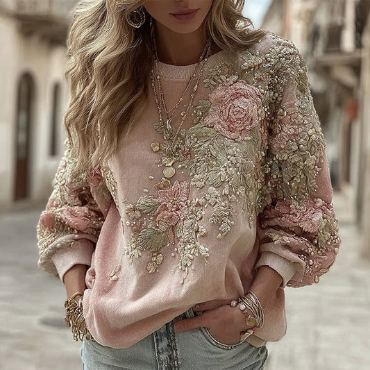 Comstylish Women's Retro Pink Floral Art Cozy Crew Neck Sweatshirt