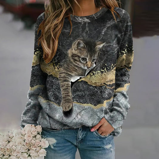 Women's Vintage Cat Print Crew Neck Sweatshirt elevenforest