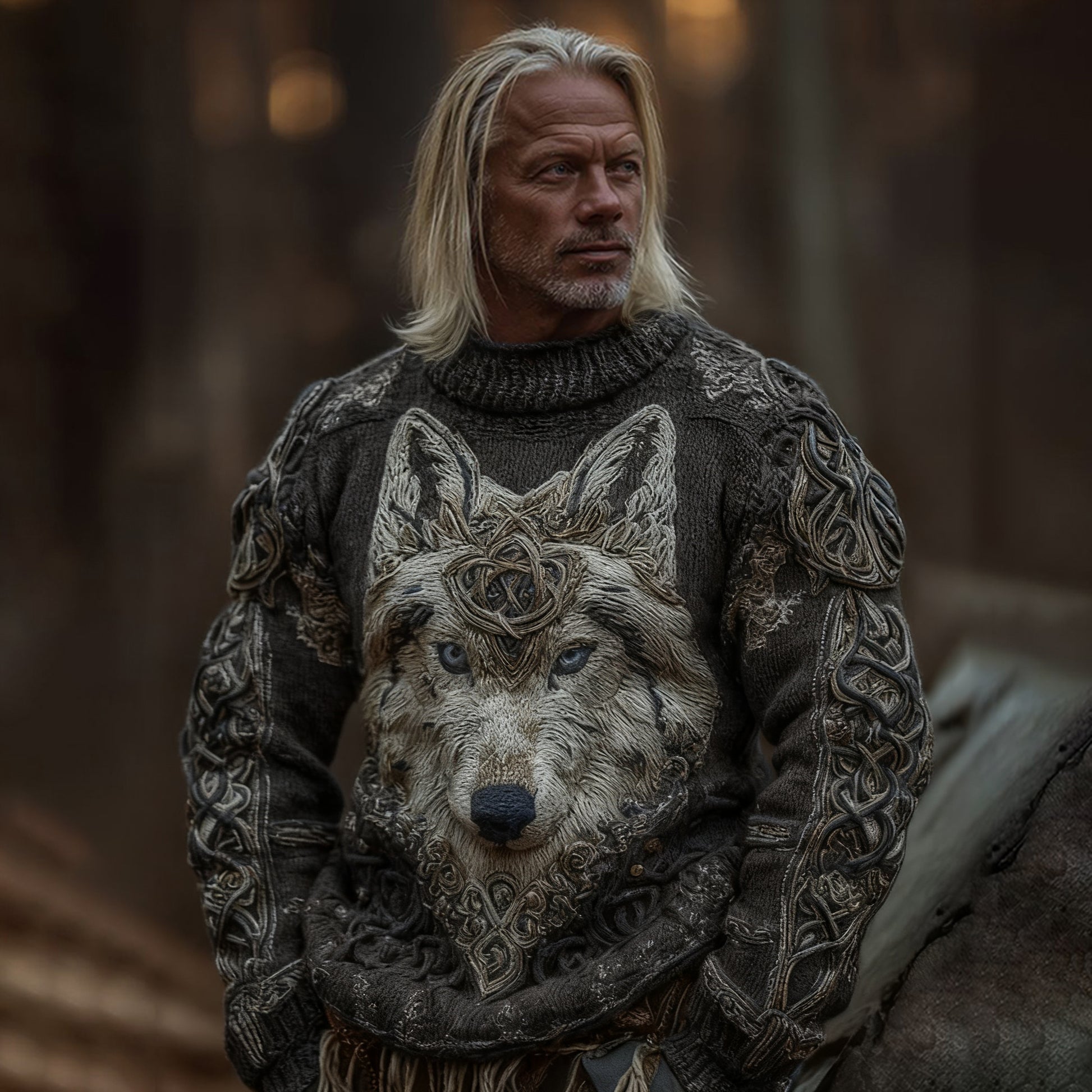 Men's Viking Wolf Knit Pullover Sweater artswardrobe