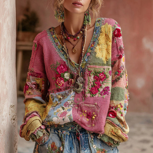 Women's Vintage Floral Embroidery Patchwork Art V-neck Pullover Cozy Knit Sweater elevenforest