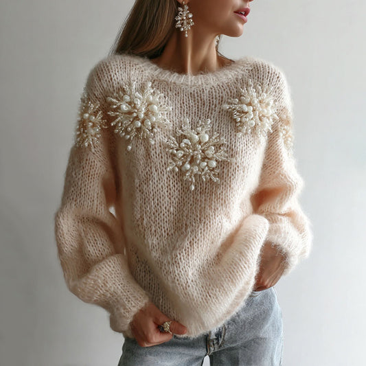 Comstylish Women's White Christmas Decorations Snoeflake Art Crew Neck Sweater