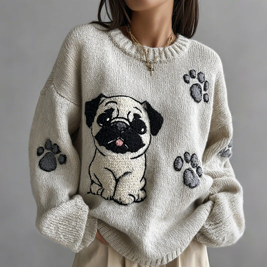 Lovely Cute Pug And Paws Embroidery Art Loose Cozy Knit Sweater artswardrobe