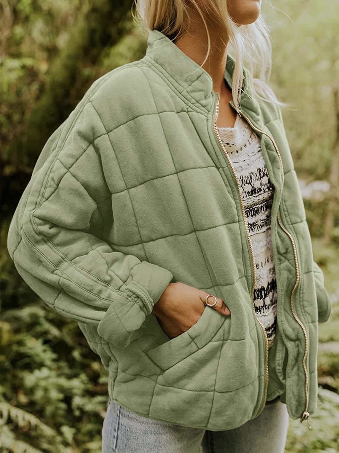 Stand collar padded loose pocket jacket