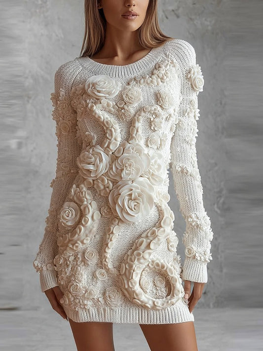 Vintage White Roses Tentacles Cozy Knit Sweater Dress artswardrobe