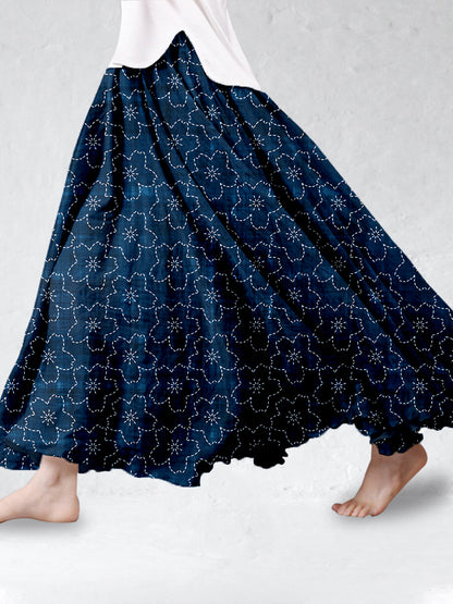 Comstylish Cherry Blossom Japanese Sashiko Art Linen Blend Flowy Wide Skirt