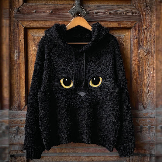 Lovely Black Cat Face Fuzzy Cozy Knit Hooded Sweater elevenforest
