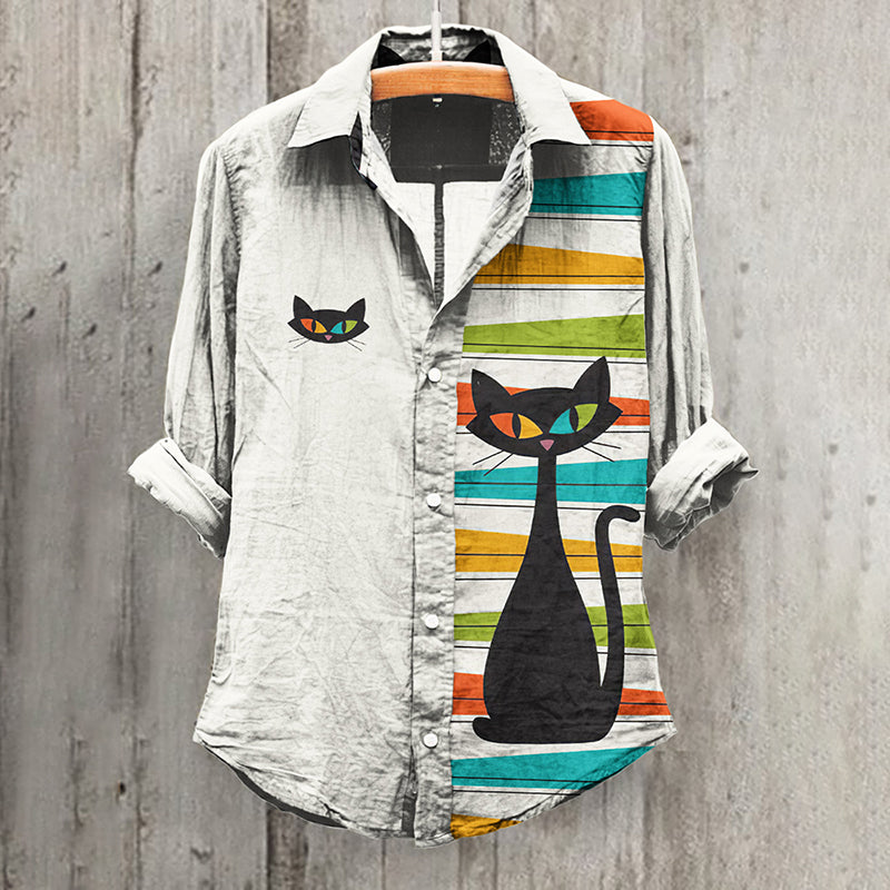 Art Cat Print Long Sleeve Casual Shirt elevenforest