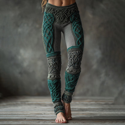 Comstylish Christmas Celtic Knot Knit Jacquard Cozy Leggings
