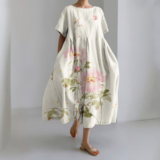 Comstylish Peony Print Round Neck Short Sleeve Midi Dress