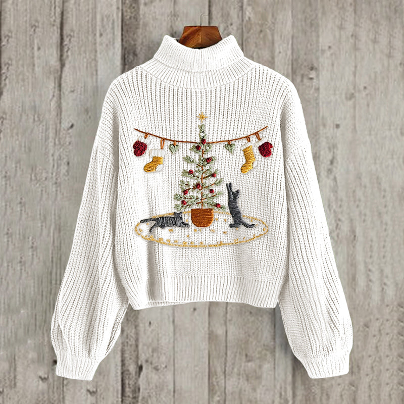 Women's Cat And Christmas Tree Embroidery Art High Collar Cozy Sweater elevenforest