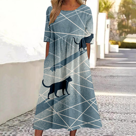 Geometric Shadow Cat Pattern Linen Maxi Dress elevenforest