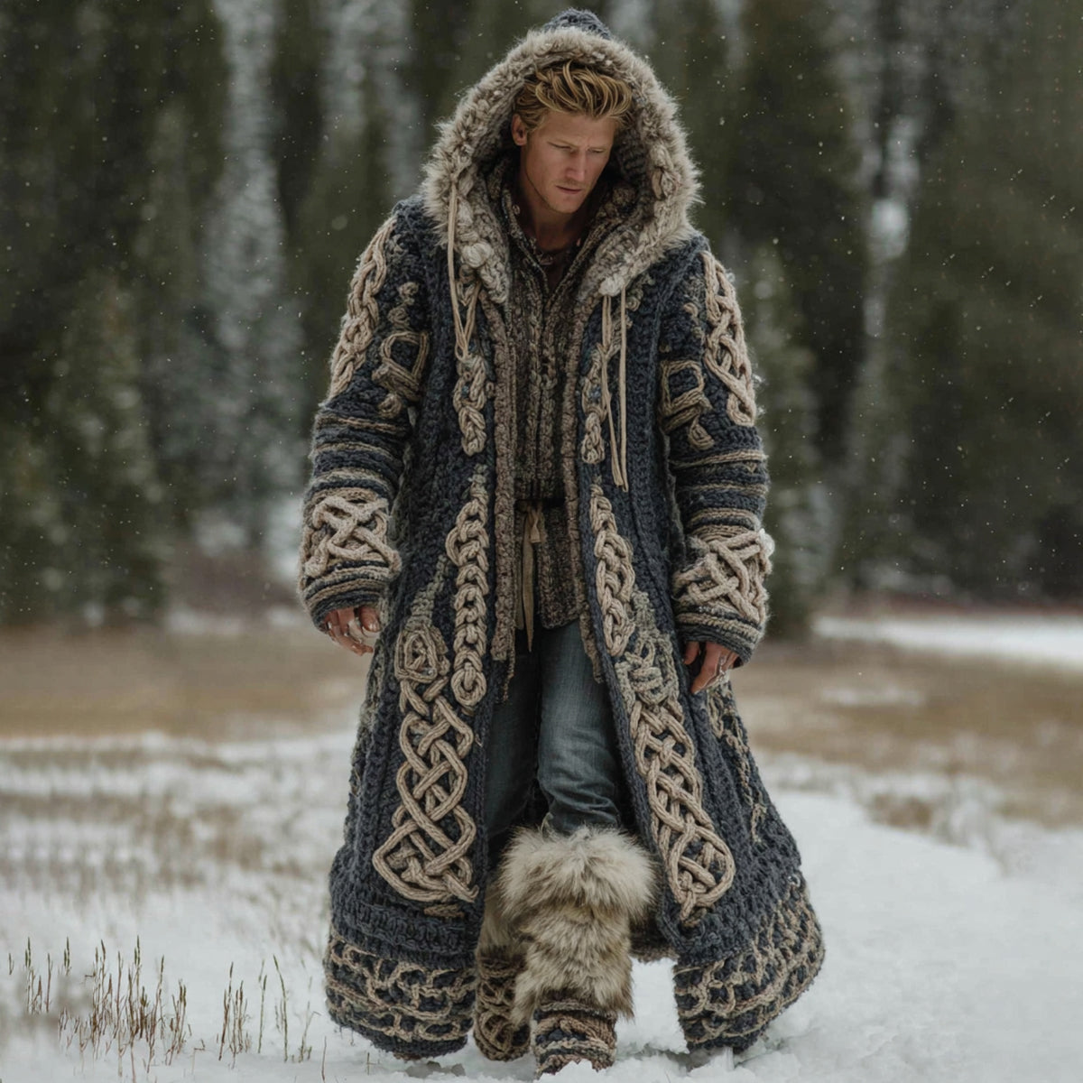 Men's Viking Celtic Knot Art Pocket Mid-length Fur Collar Chunky Knit Cardigan Sweater artswardrobe