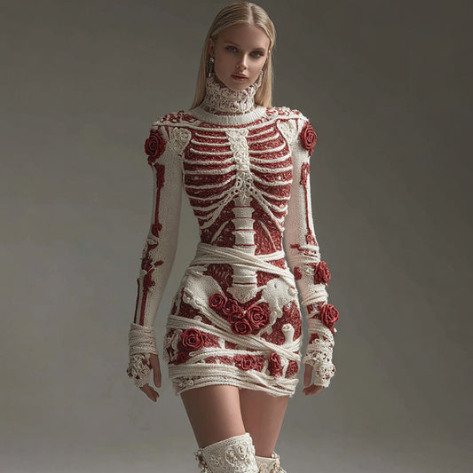 Women's Halloween Skeleton Rose Round Neck Mini Skirt artswardrobe