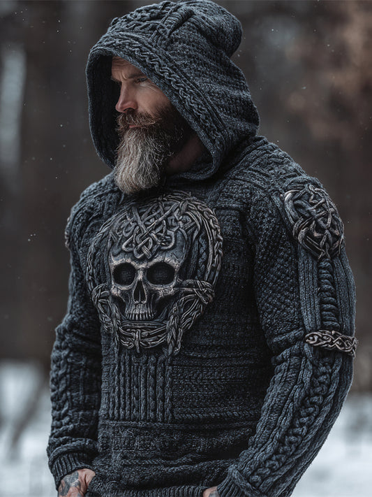 Viking Skull Men's Chunky Knit Hooded Sweater artswardrobe