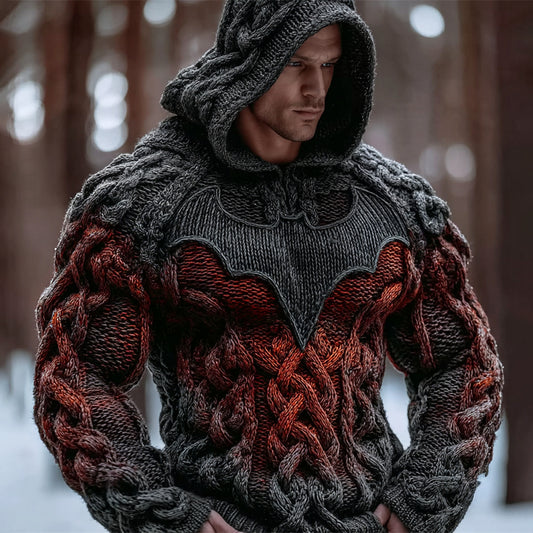 Halloween Flame Bat Men's Chunky Knit Hooded Sweater elevenforest