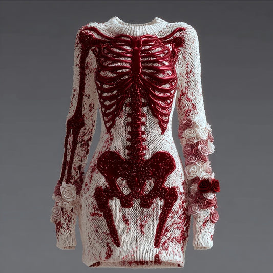 Comstylish Classy Bloody Skeleton Anatomy Roses Cozy Sweater Dress