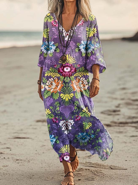 Women's Floral Art Print Pocket Cotton Dress