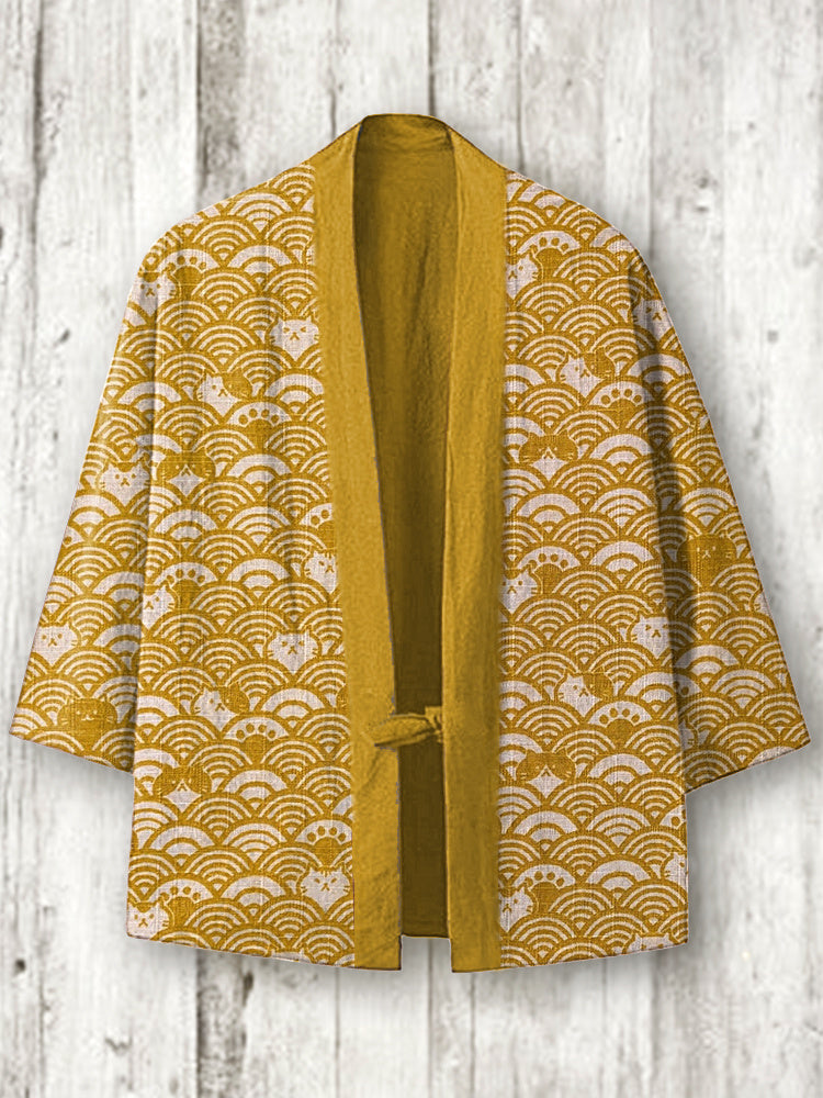 Vintage Japanese Cats Print Cozy Linen Blend Kimono Cardigan elevenforest