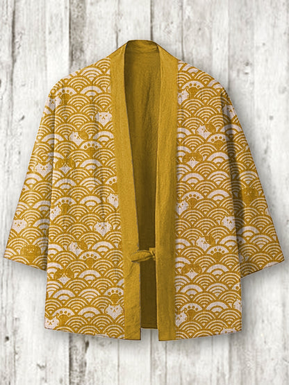 Vintage Japanese Cats Print Cozy Linen Blend Kimono Cardigan elevenforest