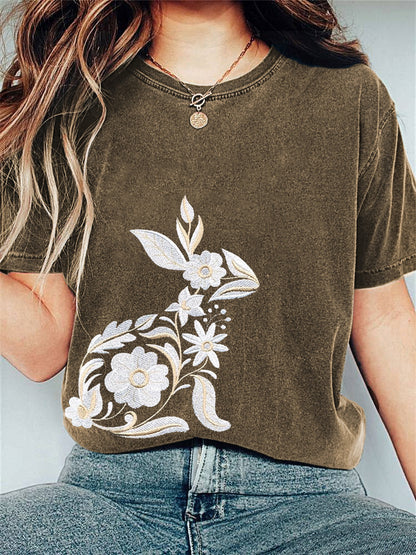 Flower Bunny Embroidery Pattern Casual T-Shirt artswardrobe