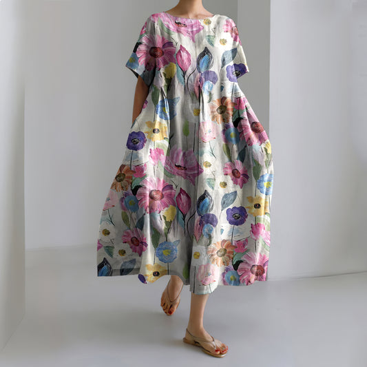 Women's Colorful Flower Printed Casual Loose Dress artswardrobe