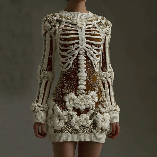 Comstylish Women's Halloween Skeleton Art Gothic Knit Mini Sweater Dress