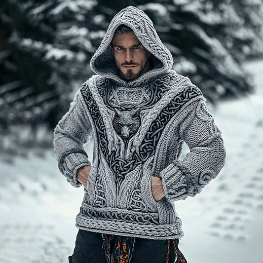 Men's Viking Tribal Wolf Inspired Chunky Knit Pocket Hooded Sweater elevenforest
