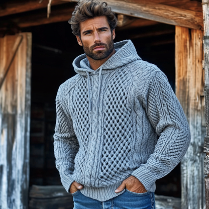 Men'S Waffle Knit Pattern Hooded Sweater elevenforest