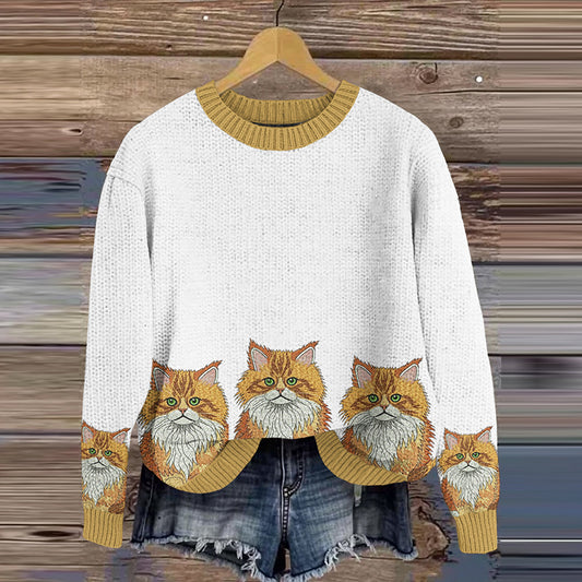 Vintage Cute Cat Art Knitted Embroidery Pattern Sweater elevenforest