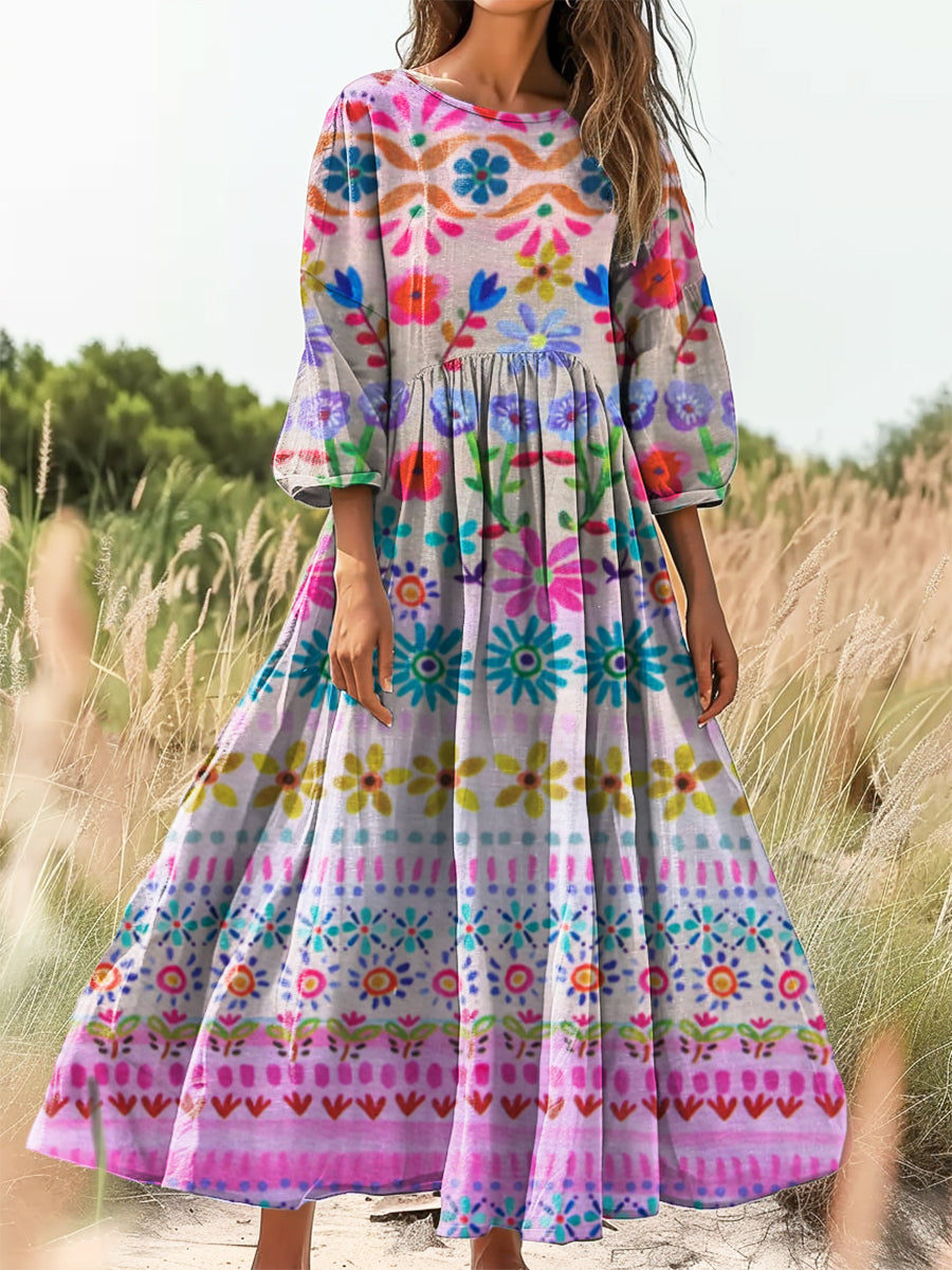 Women's Bohemian Floral Art Print Flowy Cotton Crew Neck Dress