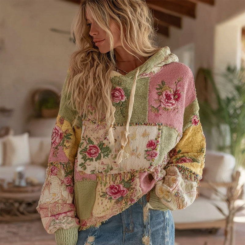 Women's Vintage Floral Patchwork Art Knit Jacquard Hooded Sweater artswardrobe
